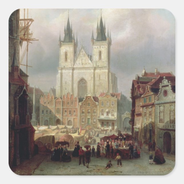 The Old Market Place at Prague, 1881 (oil on canva Square Sticker (Front)