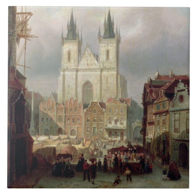 The Old Market Place at Prague, 1881 (oil on canva Tile (Front)