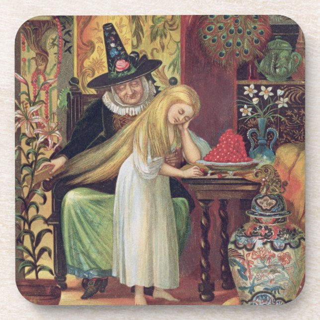 The Old Witch combing Gerda's hair with a golden c Coaster (Front)