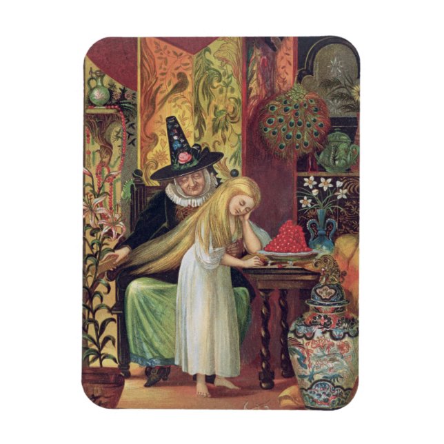 The Old Witch combing Gerda's hair with a golden c Magnet (Vertical)