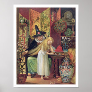 The Old Witch combing Gerda's hair with a golden c Poster