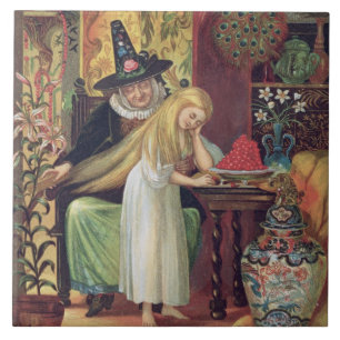 The Old Witch combing Gerda's hair with a golden c Tile