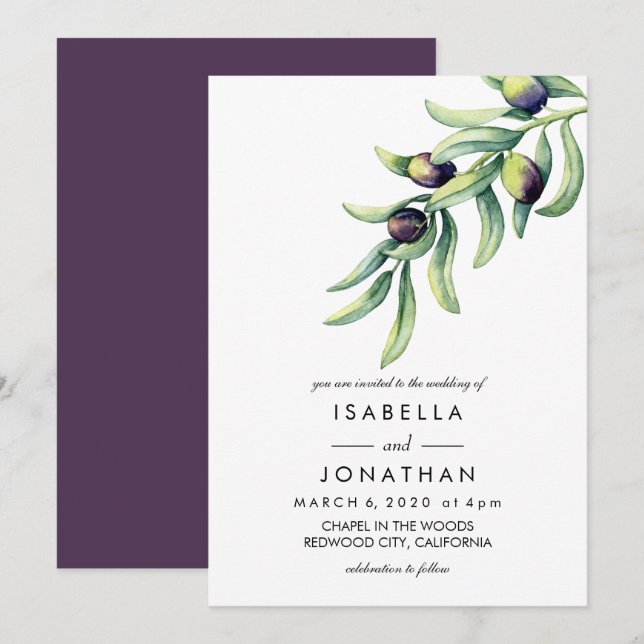 The Olive Grove | Watercolor rustic wedding Invitation (Front/Back)