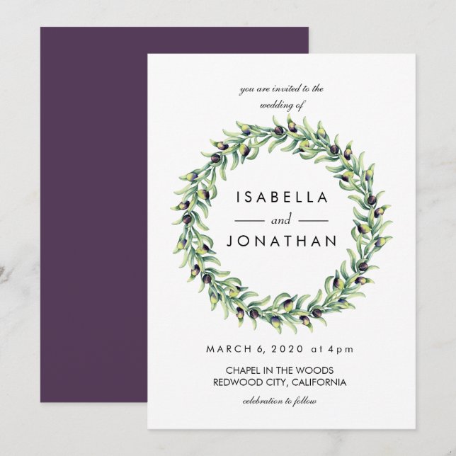 The Olive Grove | Watercolor rustic Wreath wedding Invitation (Front/Back)