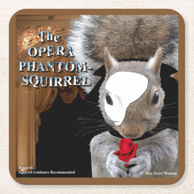 The Opera Phantom Squirrel Square Paper Coaster (Front)