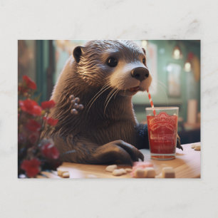 The Otter Drinking a Cherry Drink in a Cafe Postcard