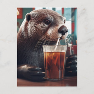 The Otter Drinking a Ice Tea in a Cafe Postcard