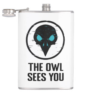 The Owl Sees You - Glitch Eye Horror Shirt - White Hip Flask