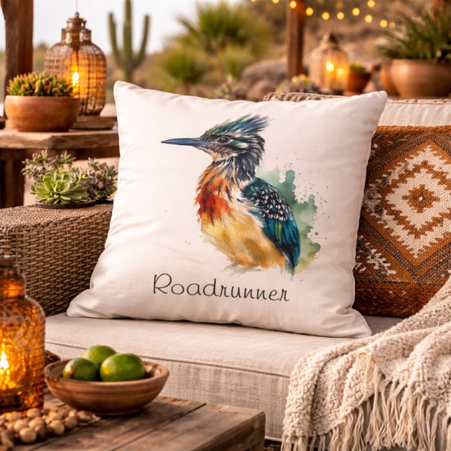 The Painted Runner, Watercolor Roadrunner custom Cushion (Creator Uploaded)