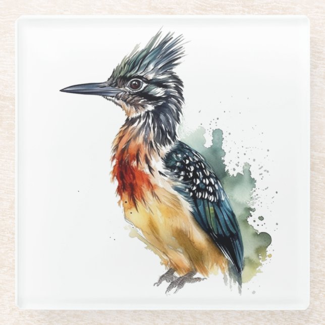The Painted Runner, Watercolor Roadrunner Glass Coaster (Front)