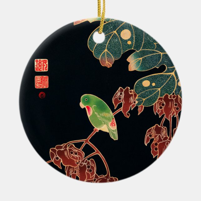 The Paroquet Colourful Bird Japanese illustration Ceramic Tree Decoration (Front)