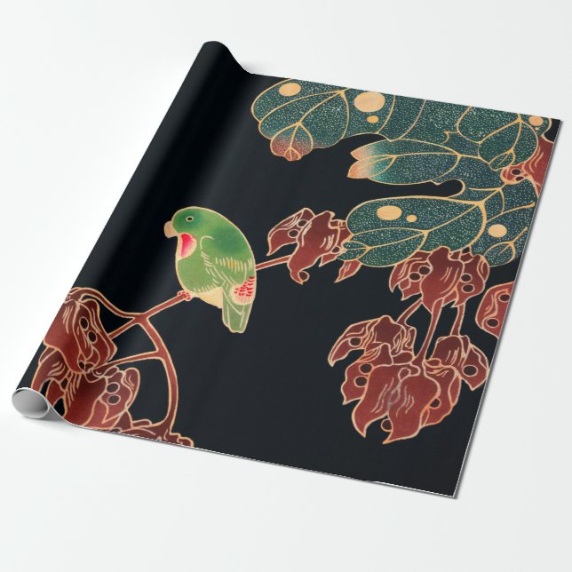 The Paroquet Colourful Bird Japanese illustration Wrapping Paper (Unrolled)