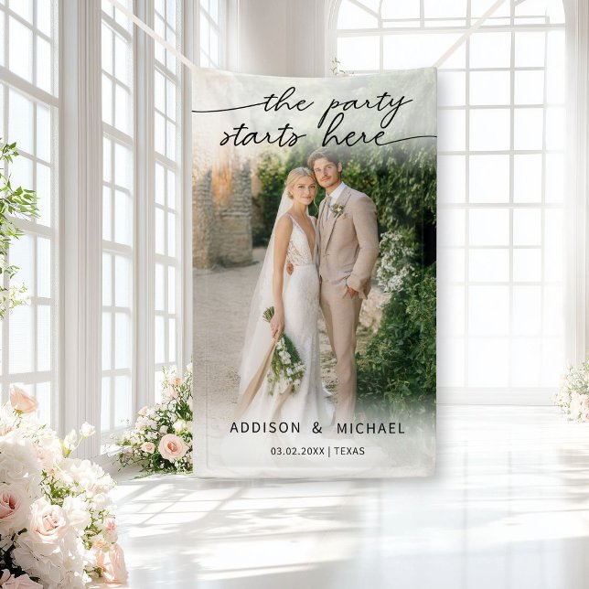 THE PARTY STARTS HERE! Photo Wedding Banner (THE PARTY STARTS HERE! Photo Wedding Banner, with a soft white overlay. Edit with your photo, names )