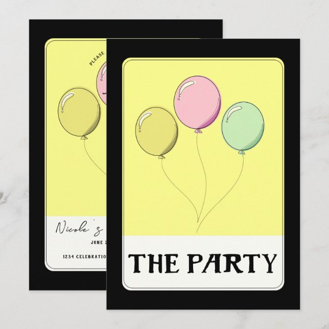 THE PARTY Yellow Tarot Style Birthday Balloons Invitation (Front/Back)