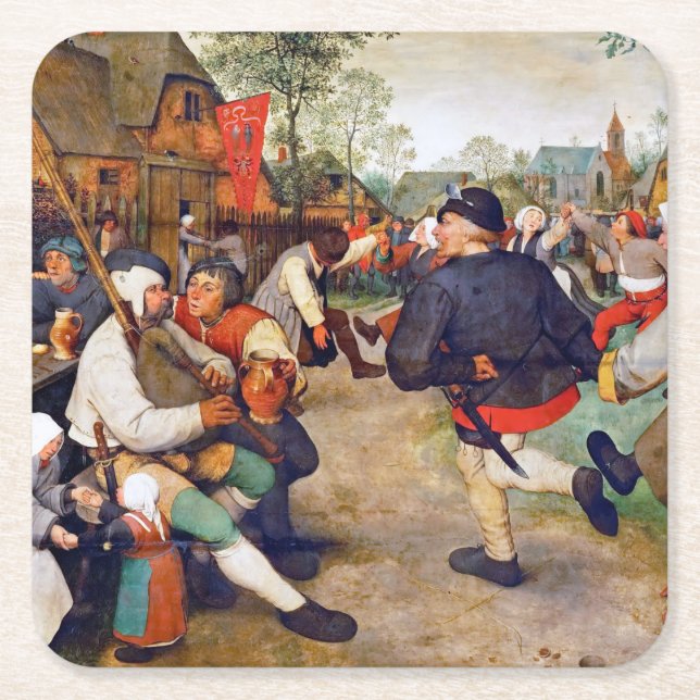 The Peasant Dance, Pieter Bruegel Square Paper Coaster (Front)