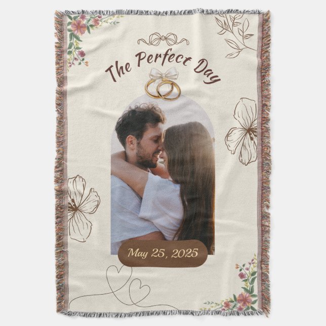 The Perfect Day Custom Wedding Pic w/Rings & Date Throw Blanket (Front Vertical)