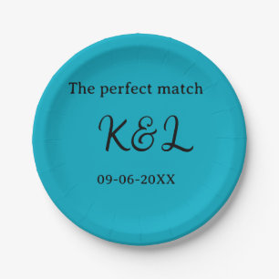 The perfect match couple name letter date blue sim paper plate