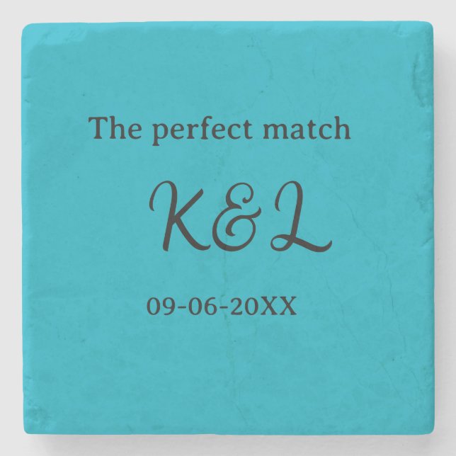 The perfect match couple name letter date blue sim stone coaster (Front)