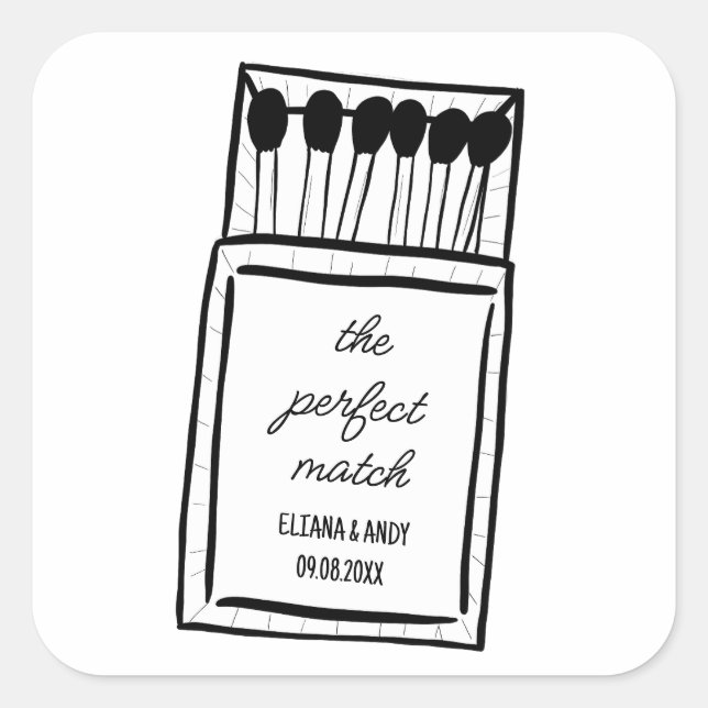 The Perfect Match Doodle Matchbook Wedding Favour Square Sticker (Front)