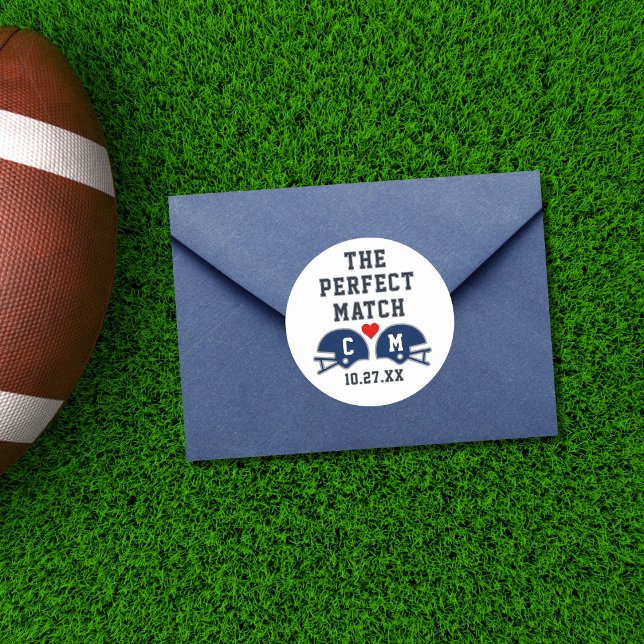 The Perfect Match Football Wedding Monogram Classic Round Sticker (Top view stadium romance football wedding monogram envelope seal sticker
)