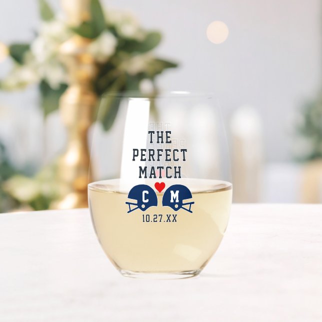 The Perfect Match Football Wedding Monogram Stemless Wine Glass (Insitu (Wedding))