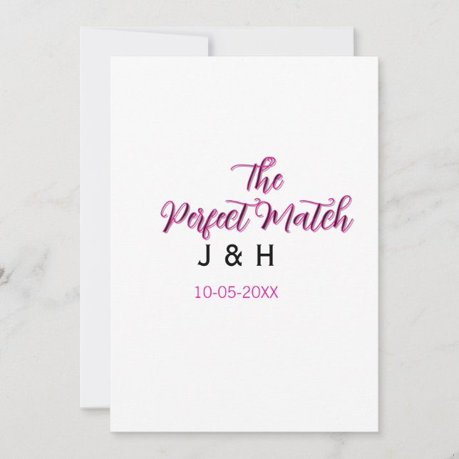 The perfect match pink black name date wedding cou invitation (Front)