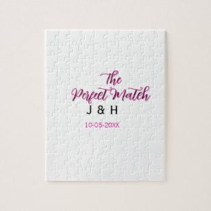 The perfect match pink black name date wedding cou jigsaw puzzle