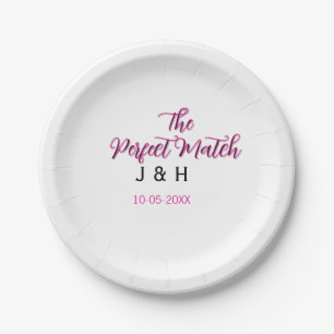 The perfect match pink black name date wedding cou paper plate