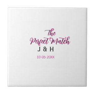 The perfect match pink black name date wedding cou tile