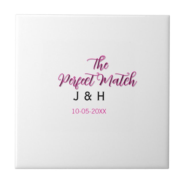 The perfect match pink black name date wedding cou tile (Front)