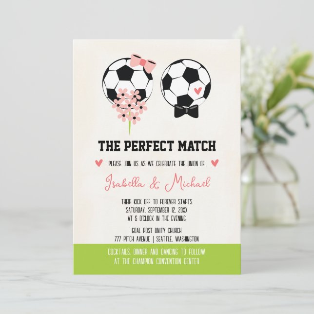 The Perfect Match Soccer Ball Wedding Invitation (Standing Front)