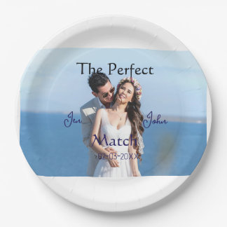 the perfect match wedding blue name photo date cou paper plate
