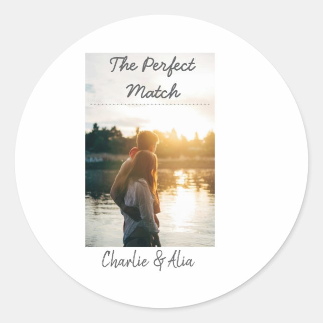 The perfect match wedding couple photo modern add  classic round sticker (Front)