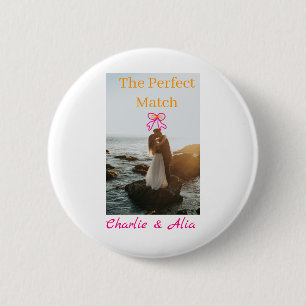 The perfect match wedding couple photo retro pink 6 cm round badge