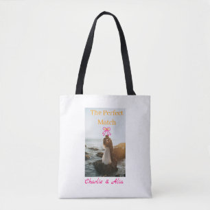 The perfect match wedding couple photo retro pink tote bag