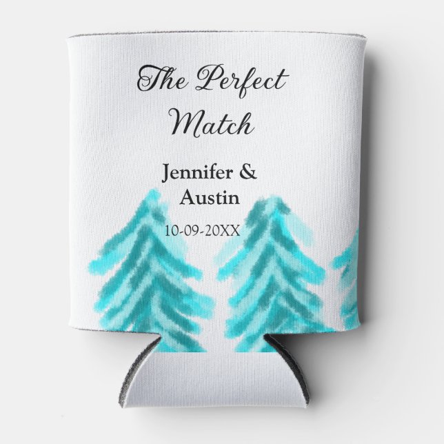 The perfect match winter blue pine tree wedding na can cooler (Front)