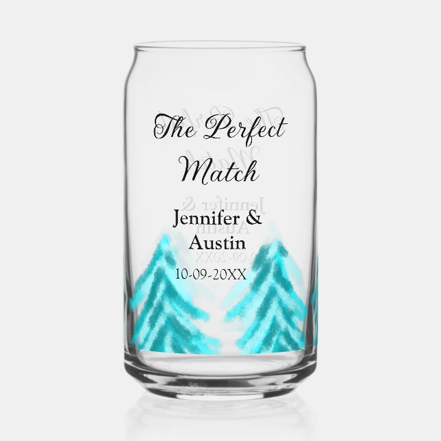 The perfect match winter blue pine tree wedding na can glass (Front)