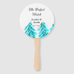 The perfect match winter blue pine tree wedding na hand fan