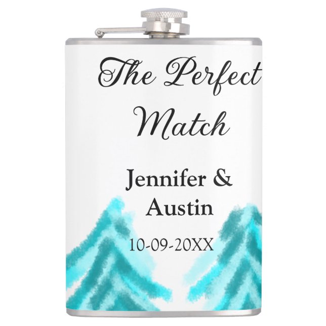 The perfect match winter blue pine tree wedding na hip flask (Front)