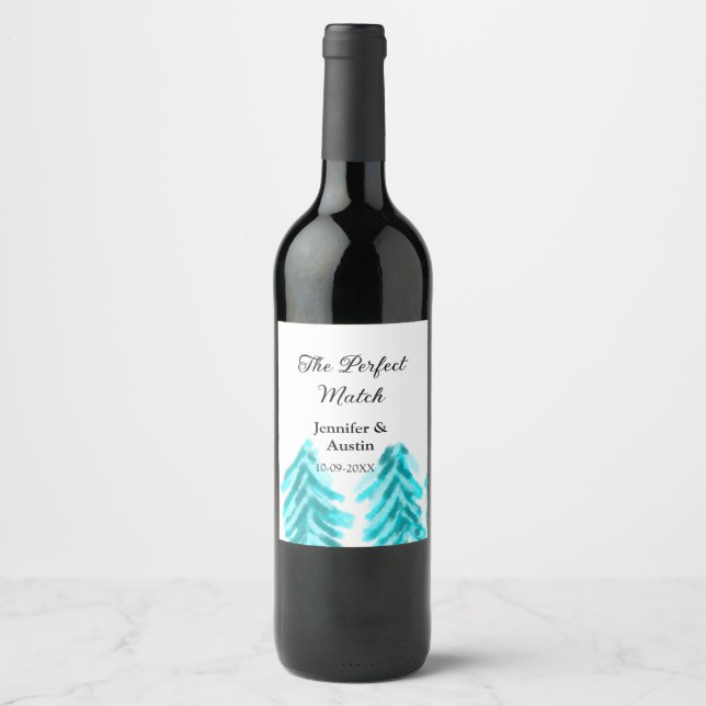 The perfect match winter blue pine tree wedding na wine label (Front)
