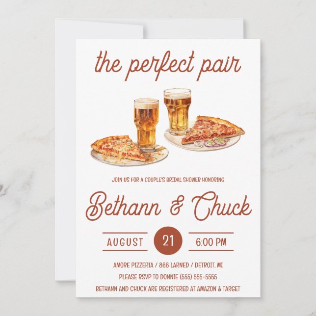 The Perfect Pair!  Pizza and Beer Bridal Shower Invitation (Front)