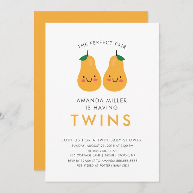 The Perfect Pair Twins Baby Shower Invitation (Front/Back)
