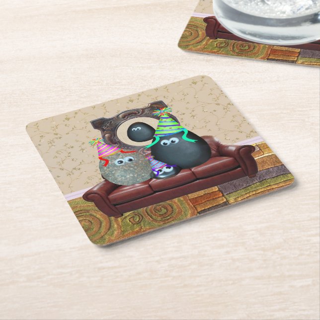The Pet Rock Family Square Paper Coaster (Angled)