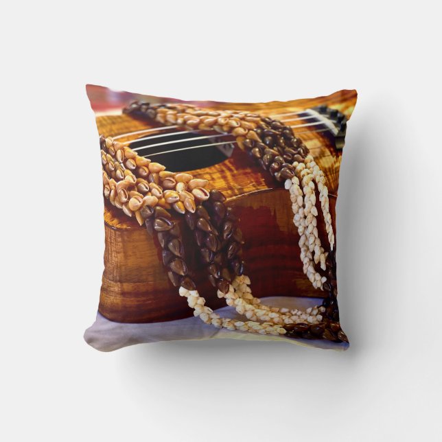 The pillow features a detailed image of a ukulele  (Front)