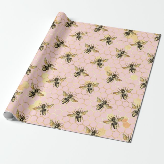The Pink and Gold Bee Series Design 1 Wrapping Paper (Unrolled)