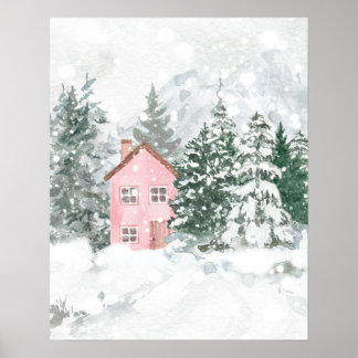 The Pink Cottage in the Snowy Forest Poster