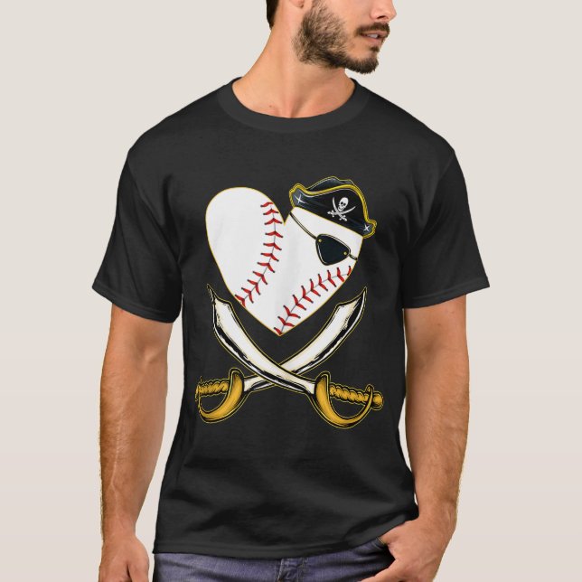  The Pirate Baseball Heart With Skull Hat T-Shirt (Front)