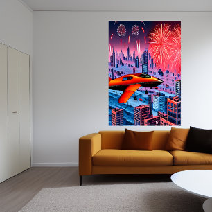 The plane, city and firework AI Art Poster
