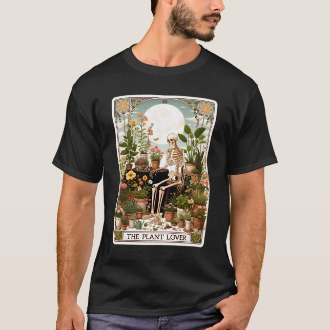 The Plant Lover Tarot Card Skeleton Gardening T-Shirt (Front)