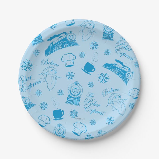The Polar Express | Blue Holiday Icon Pattern Paper Plate (Front)